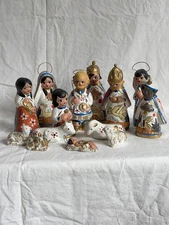 VTG Mexican Tonala Pottery Hand Painted Nativity Scene Figurines 14 Pieces