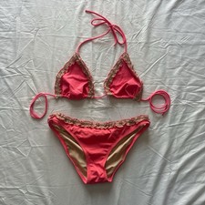 y2k victoria secret pink and cream ruffle lace triangle low waisted bikini set
