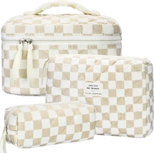 Quilted Makeup Bag Set, 3Pcs Large Checkered Corduroy Cosmetic Bags, Cute Coquet
