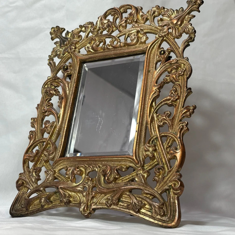 Antique Brass Frame Rococo Style Mirror Table Top Bevel Edge Easel Back - Image 3 of 4