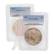 1922 & 1925 $1 Silver Peace Dollar 90% Fine Silver Coin PCGS MS 63 Set of 2