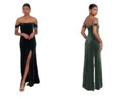 Jenny Yoo Sz 4 Issa Velvet Off-The-Shoulder Column Gown Maxi Dress Green Boning