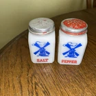VINTAGE  Salt & Pepper Shakers~White Milk Glass Dutch Windmill's W/Lids U.S.A.