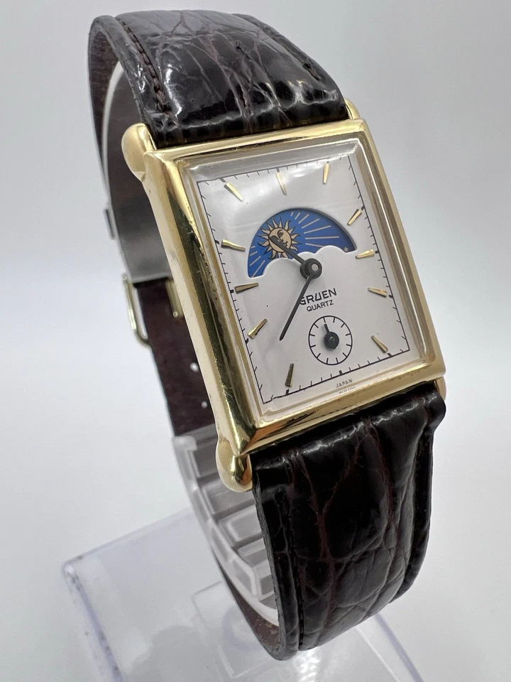 Raro Reloj Hombre Vintage Gruen Tank Fase Solar Fase Lunar Cuarzo Elegante Elegante Foto 4 de 4