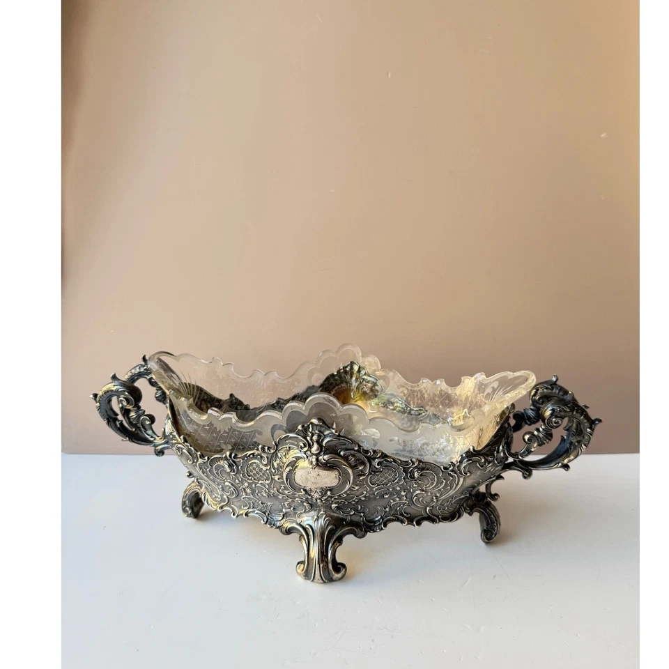 Antiguo centro de mesa alemán de plata cuenco jardinero inserto de vidrio principios de 1900 Foto 2 de 4