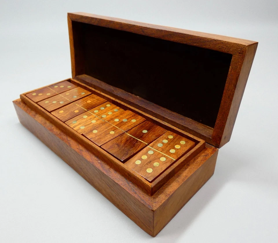 Vintage Wooden Dominoes Set Walnut Box Brass Inlay 28 Dominoes Handcrafted - VGC - Image 4 of 4
