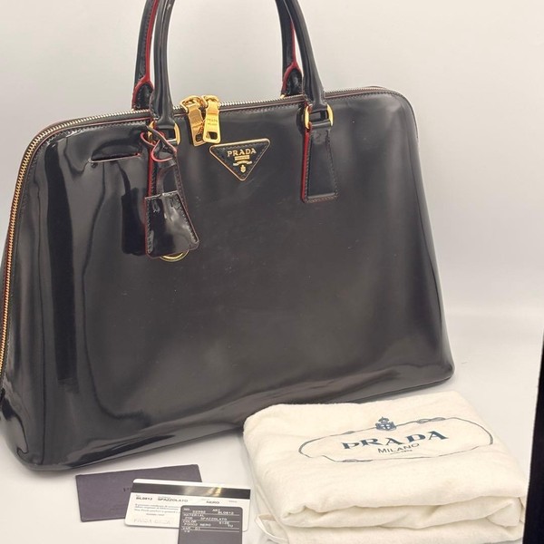 PRADA Spazzolato Leather Handbag Black Red Edges Authentic Luxury Tote