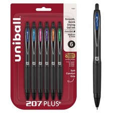 uni-ball 207 Plus Retractable Gel Pens 6 Pack in Assorted Colors with 0.7mm Med