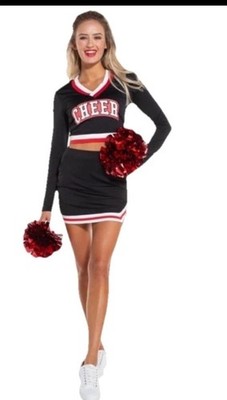 Cheer Set Women s Small (4-6) Adult Size 3 Pcs Top, Skirt, Pom Poms Black/red