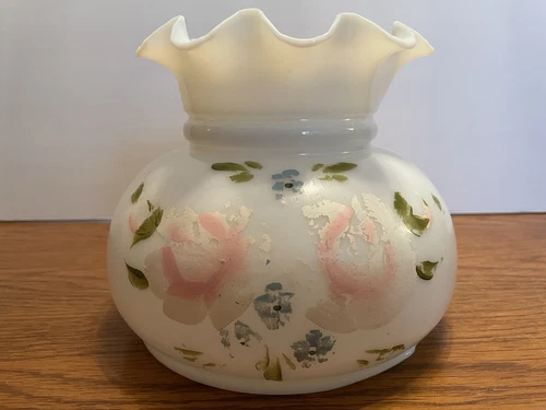 Vintage Ruffled Milk Glass Oil Hurricane Lamp Shade Hand Painted 6 7/8” Fitter