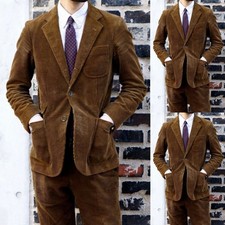 Brown Corduroy Men's Suits Casual Jacket 2Pcs Blazer Notch Lapel Dinner Jacket