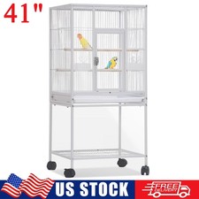 41in Large Parrot Cages w/ Tray Food Boxes and Wooden Perches and Rolling Stand