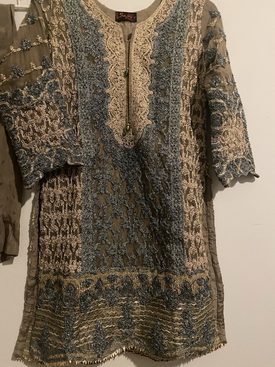 Sajni Fashion Pakistani Beige Blue Purple Salwar Kameez Women's Net View 2