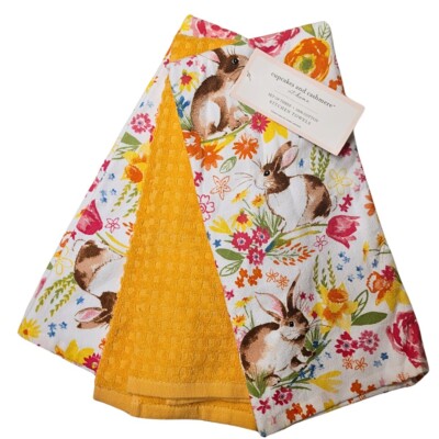 Cupcakes and Cashmere Bunny Floral Kitchen Tea Towels Set 3 Spring Easter Cotton