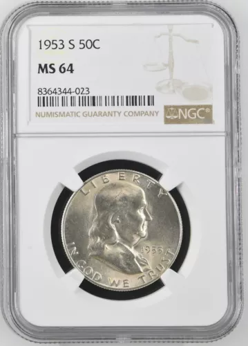 1953-S  FRANKLIN US Half Dollar,   MS64 by NGC,   a SUPERB looking coin!!!!
