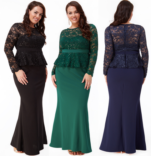 Goddiva Sequin Lace Long Sleeved Peplum 
