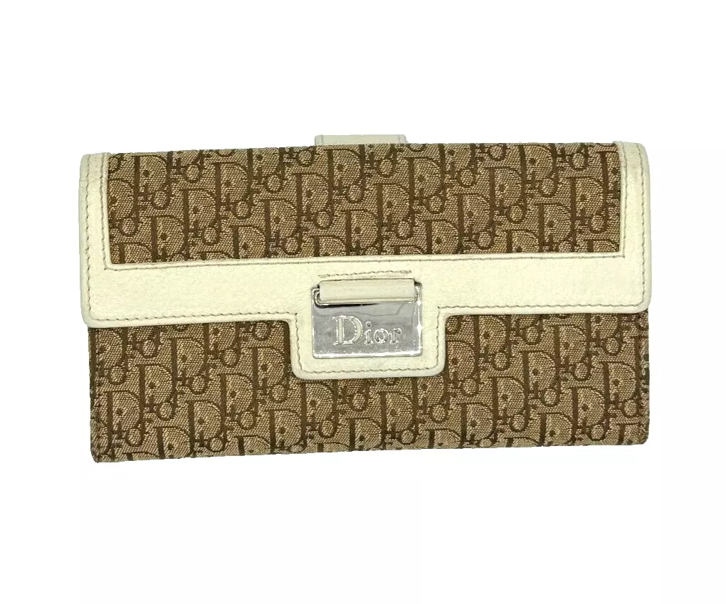 Portefeuille long Christian Dior trotteur toile cuir beige blanc authentique 