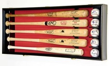 5 Baseball Bat Display Case Horizontal Black Red Felt Wall Mounted Ball Cabinet