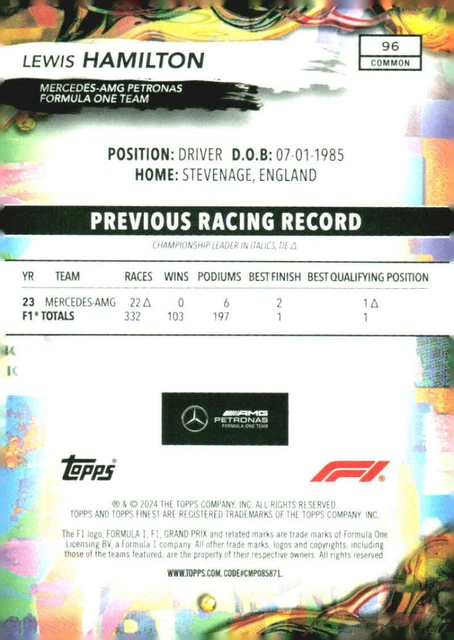 2024 Topps Finest #96 Lewis Hamilton Mercedes-AMG Petronas Formula One Team