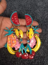 Statement Vtg 1987 Lunch At The Ritz  summer fruits Gold Tone  Earrings 4.5" 