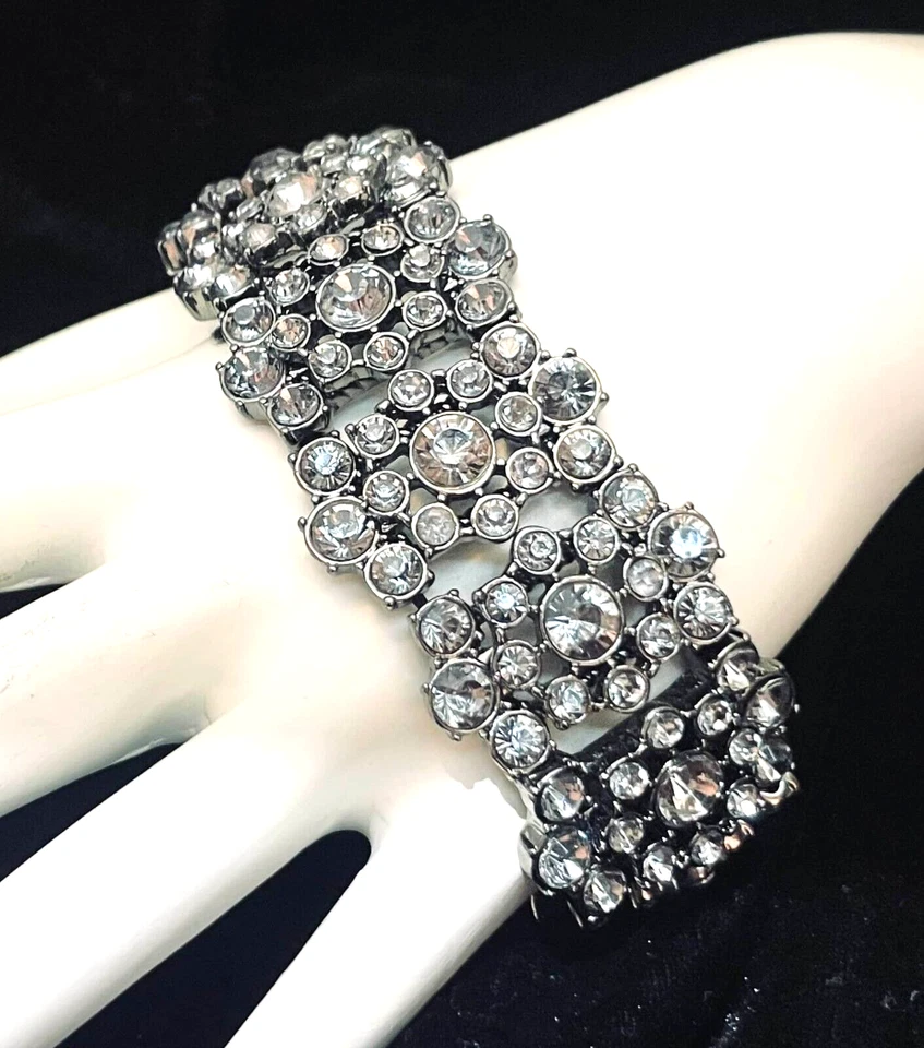VTG Sparkling Rhinestones Smoky Grey Stretch Bracelet Art Deco Style Runway 7.5" - Image 2 of 4