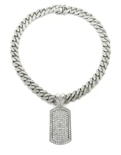 ICED DOG TAG PENDANT SILVER CUBAN LINK CHAIN NECKLACE HIP HOP RAPPER