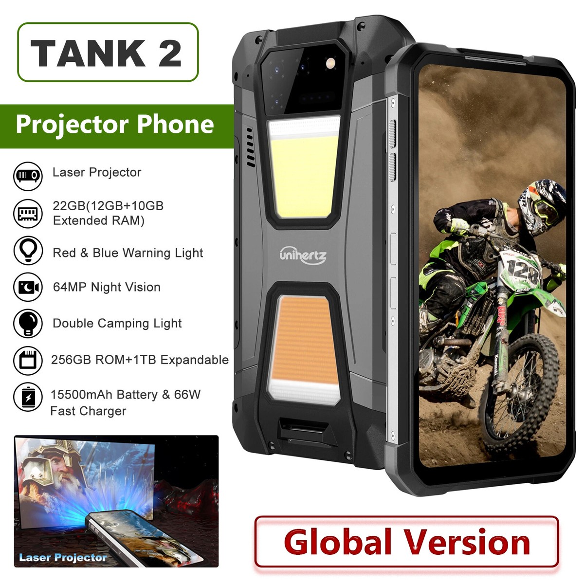  8849 Tank 2 Rugged Smartphone, 22GB+256GB Unlocked Rugged Phone  with Projector, 6.79 4G Waterproof Cell Phone with Camping Light, 15500mAh  64MP Night Vision Android 13 Phone Unlocked, OTG/NFC : Cell Phones