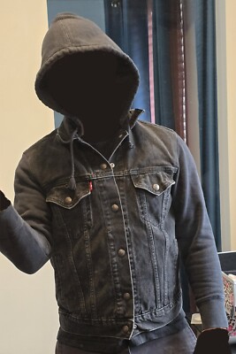 Levi's Jacket XS Black Cotton Blend Denim Knit Trucker Hoodie Red Tab Mens Women