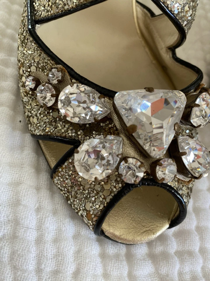 Tacones de cuña vintage Mui Mui dorado gema brillo cuero 37 Foto 2 de 4