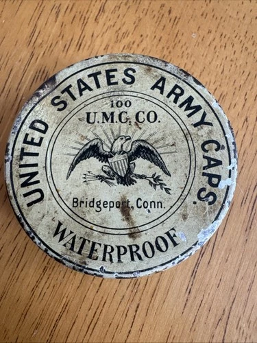 Antique Civil War Era US Army Brass Caps in Metal Tin Bridgeport Connecticut