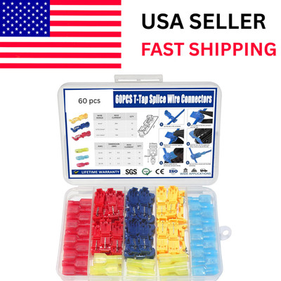 60psc T-Taps Wire Terminal Connectors Insulated Quick Splice Combo Kit Lot