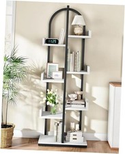 Corner Bookshelf, Curved 6-Tier Bookcase with Anti-Tip Kit, White and Black