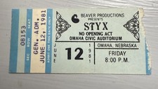 STYX RARE CONCERT TICKET STUB OMAHA, NE 06/12/1981