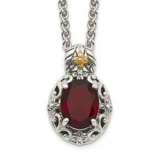 Sterling Silver with 14K Gold Accent Antiqued Oval Garnet Pendant Necklace 18"