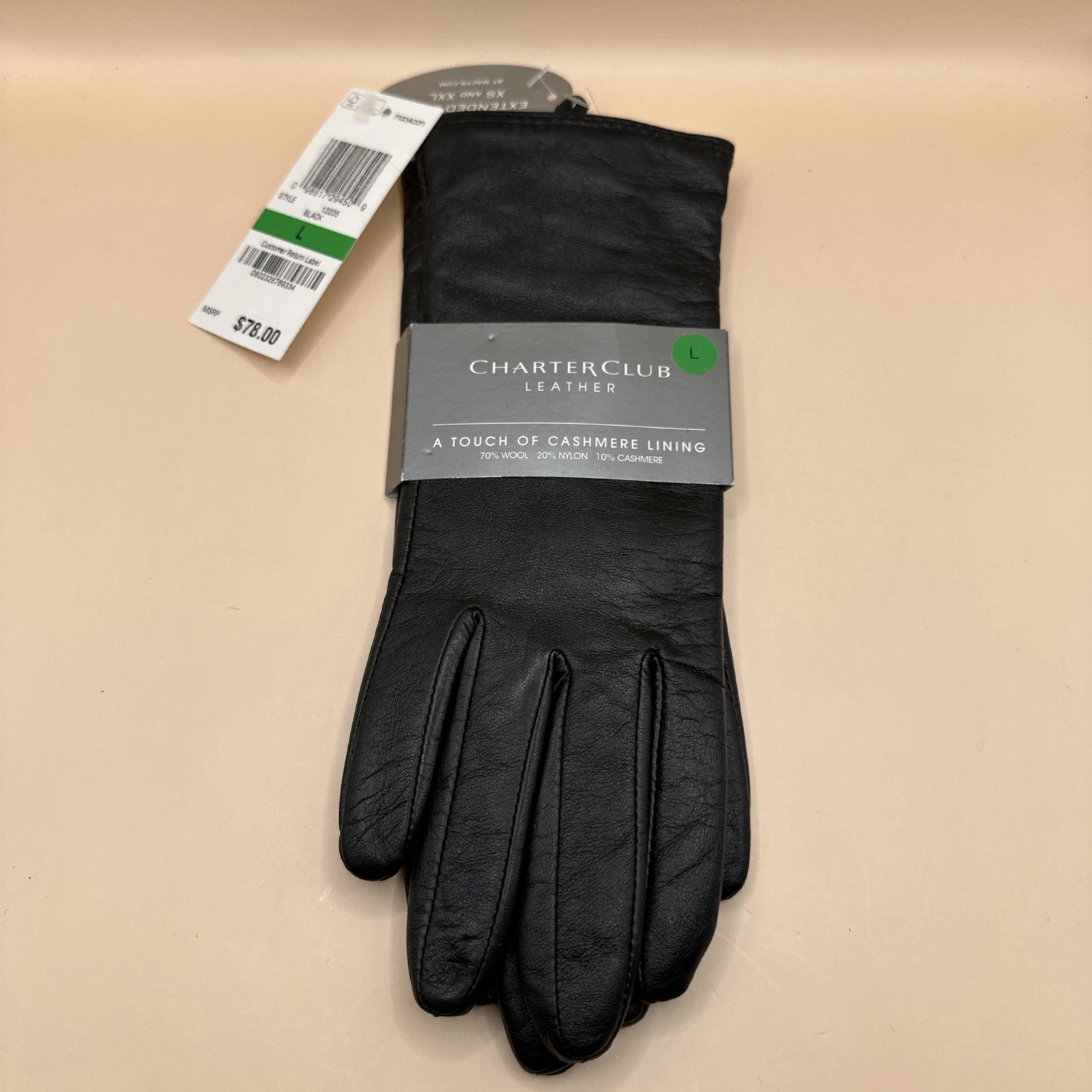 New Charter Club Women's Touch of Cashmere Lining Leather Gloves Black M/L