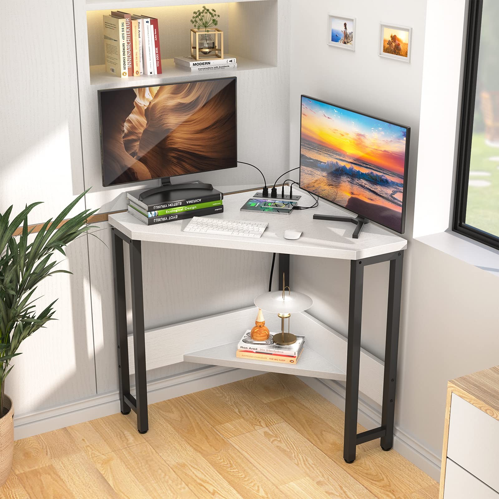 Corner Desk Small Desk with Outlets Corner Table for Small Space, Computer De...