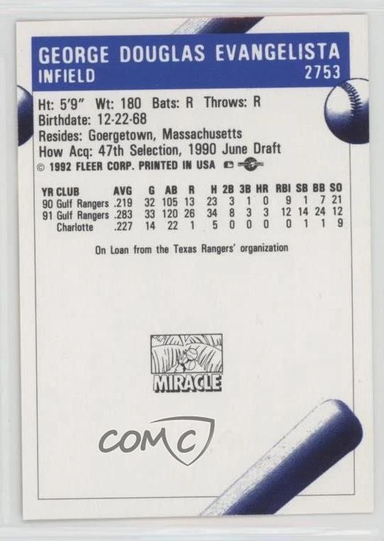 1992 Fleer ProCards Minor League George Evangelista #2753 - Image 2 of 2