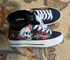 Ed Hardy Unisex Canvas Lace-Up Low-Top Skull Rose Sneakers Black US 8