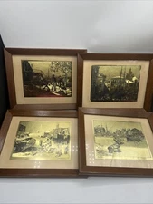 Set of 4 Vintage Framed Gold Foil Etching Art by Lionel Barrymore Wood Frames