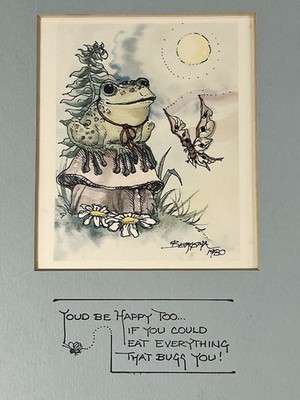 Jody Bergsma 1980 Frog Butterfly Art Print Vintage Bergsma Illustrations Matted