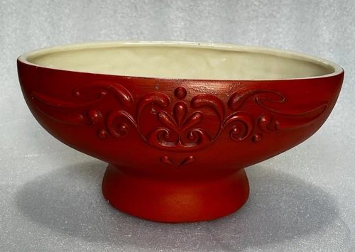 Vintage McCoy Floraline Orange Ceramic Oval Pedestal Planter Scroll Design #419