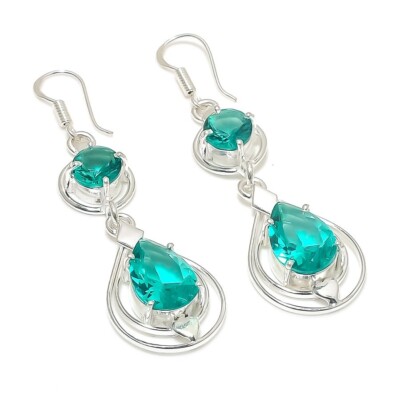 Mint Tourmaline Gemstone Handmade 925 Sterling Silver Jewelry Earring Size 2.20''