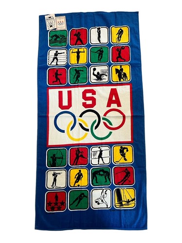 Vintage 1988 Team USA Olympics Beach Towel Red White Blue Minute Maid 1992 Tags - Afbeelding 1 van 11