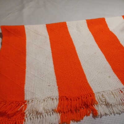 MCM Afghan Orange & White Stripe Blanket Crochet Throw Lap Couch Handmade 44x 50