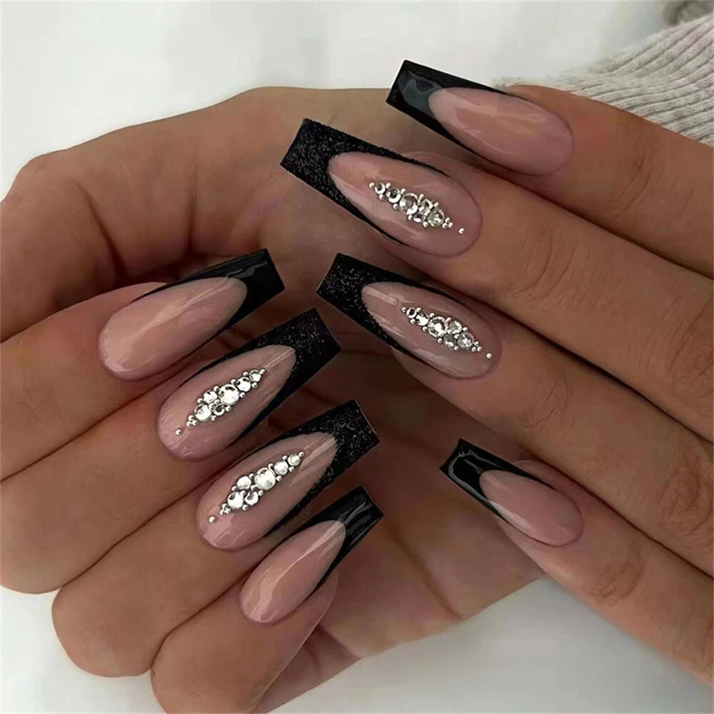 Details 146+ black coffin nails with diamonds best ceg.edu.vn
