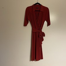 Talbots Women Sz 8 Crimson Short Sleeve Faux Wrap Collared Tie Belted Dress