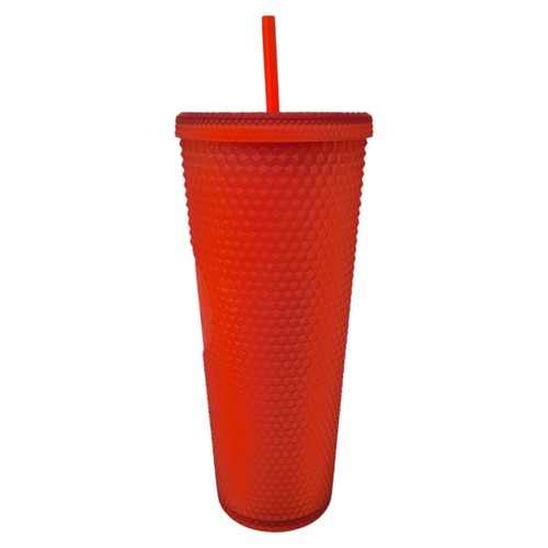 Starbucks 2021 Red Soft Touch Bling Studded Cold Cup 24oz Tumbler Neon Coral New - Picture 4 of 12