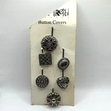 Vintage New Button Covers Silver Tone W/Black Wash Set 6 Heart Filigree Metal