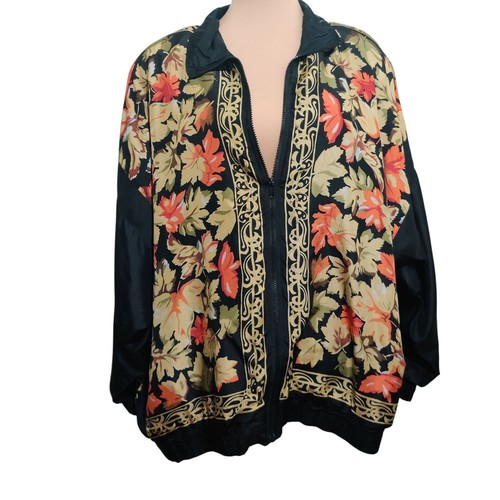 Partners II 2X Silk Floral Bomber Jacket Plus Size Vintage Baroque Leaf Zip Up