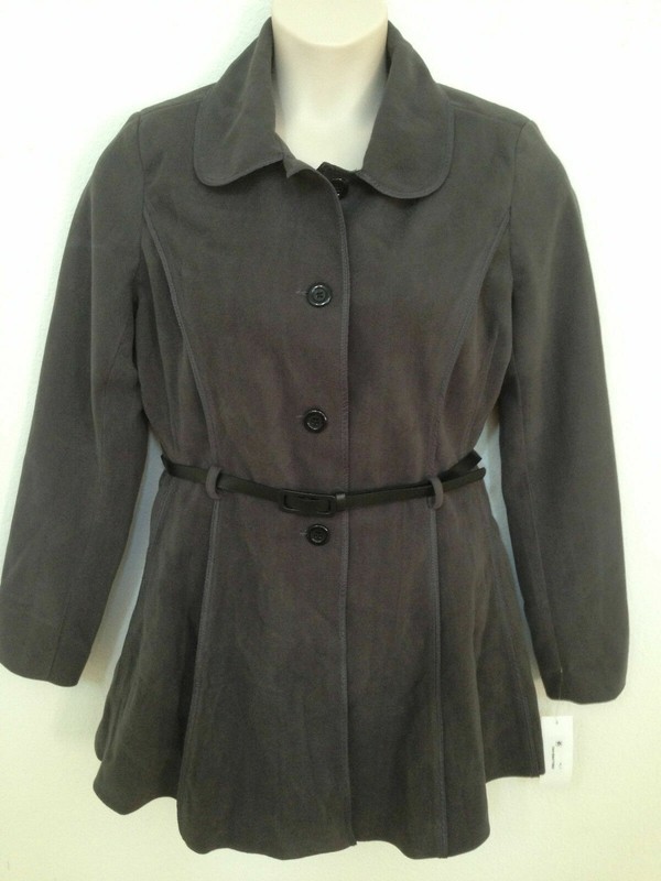 Jou Jou Cute Gray Peacoat  Belted Notched Collar Pleated Large